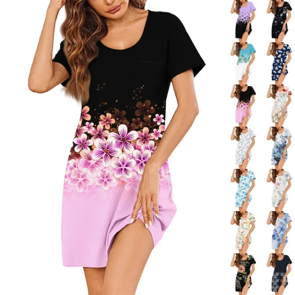 Womens Summer Dresses Short Sleeve Linen Casual T-Shirt Dresses Swing Beach