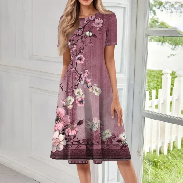 Women's Loose Casual And Fashionable Round Neck Short Sleeved Printed Mid - Image 37