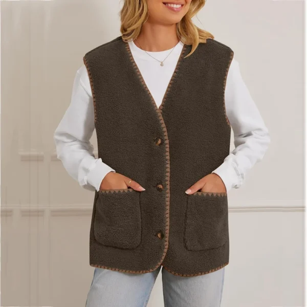 Women's Fuzzy Fleece Vest Sleeveless Colorblock Jacket Button Down Outerwear - Image 22
