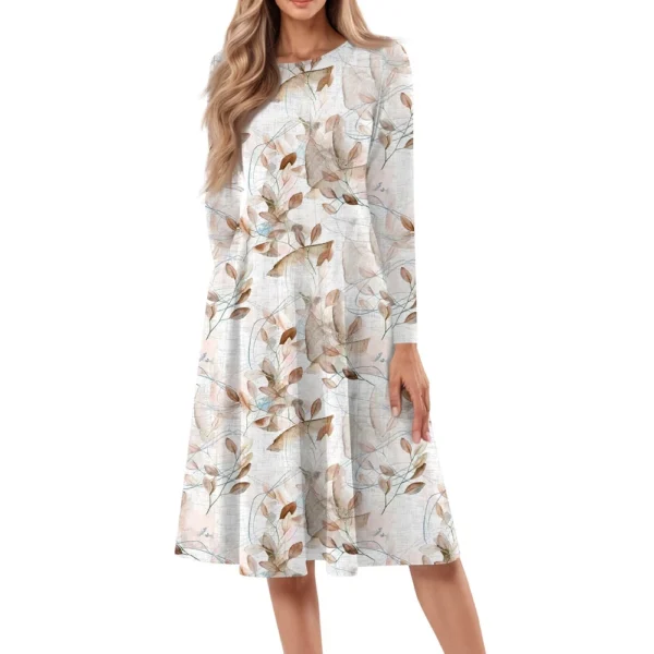 Women's Casual Fashion Round Neck Long Sleeve Print Midi Dress - Image 7