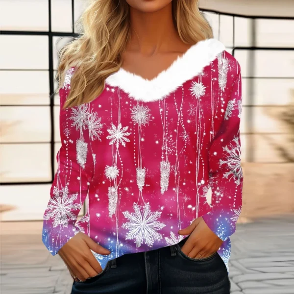 Women's Long Sleeve Christmas Printed Party Plush Neck Wide Casual V-Neck Top - Image 25