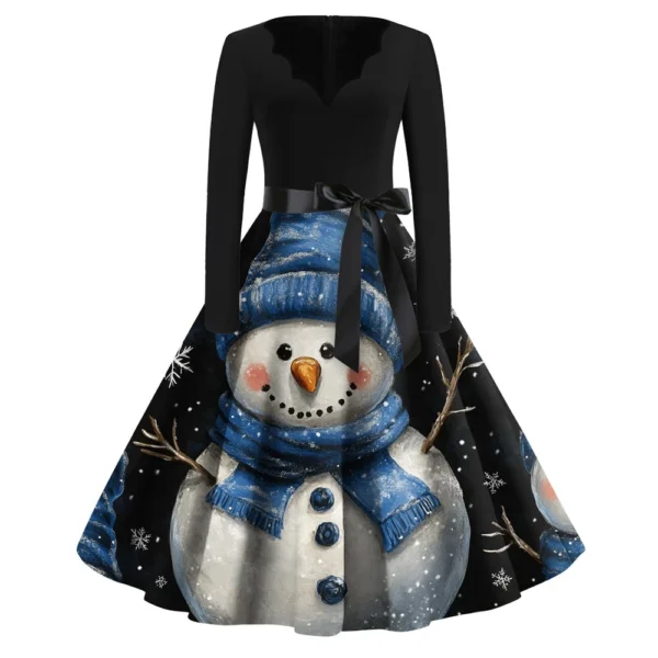 Women's Casual V-Neck Fashion Printed Christmas Long Sleeve Slim Dresses - Image 25