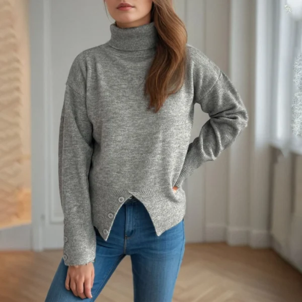 Women's Turtleneck Solid Color Slit Button Sweater Slim Fit Warm Pullover - Image 11