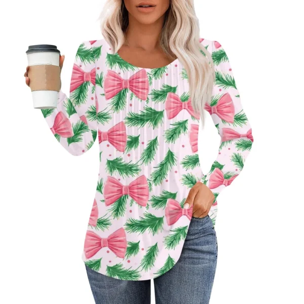 Women's Pleated Casual T-Shirt Round Neck Christmas Printed Long Sleeved Top - Image 6
