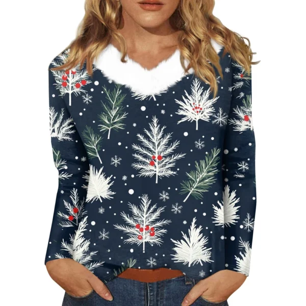Women's Loose Casual Long Sleeved Christmas Printed Plush Collar V Neck Top, - Image 20
