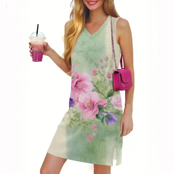 Women's Casual Fashion Sexy V-neck Sleeveless Floral Hem Slit Dress - Image 13
