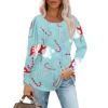 Women's Christmas Printed Top Round Neck Casual Pleated Long Sleeved T-Shirt - Image 16