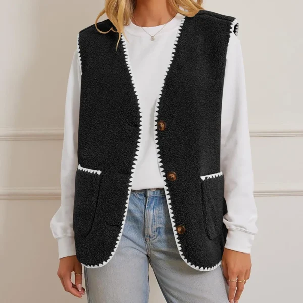 Women's Fuzzy Fleece Vest Sleeveless Colorblock Jacket Button Down Outerwear - Image 12