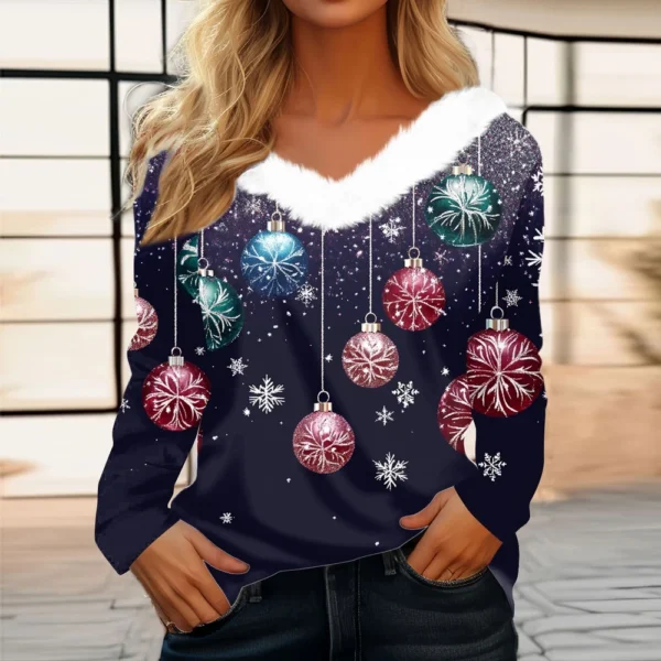 Women's V Neck Party Fleece Collar Top Shirt Christmas Long Sleeve T Shirt - Image 19