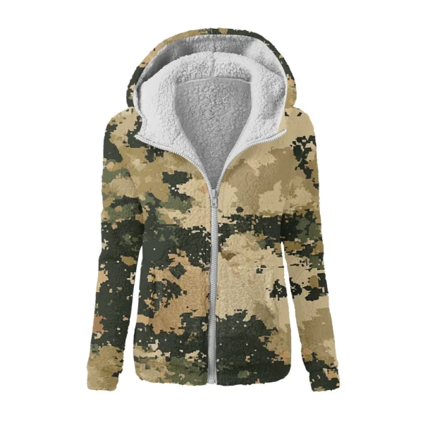 Women's Winter Camouflage Print Casual Fashion Plush Hooded Zipper Sweater - Image 17