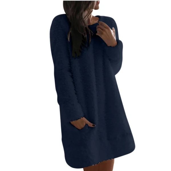 Women's Fuzzy Fleece Solid Color Dress Loose Fit Casual Round Neck Long Sleeve - Image 31