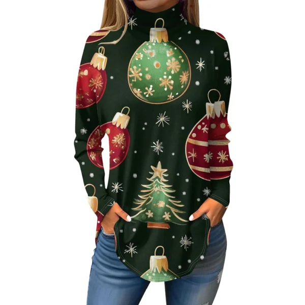 Women's Printed Christmas High Neck Pullover Long Sleeve Casual Fashion T-Shirt - Image 20