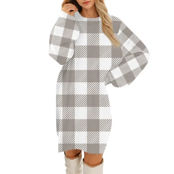 Women's Round Neck Casual Long Sleeve Plush Gradient Plaid Dresses - Image 5