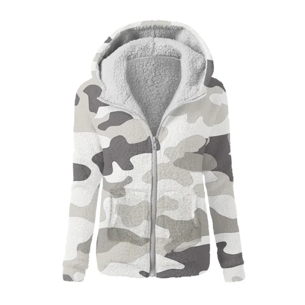 Women's Winter Camouflage Print Casual Fashion Plush Hooded Zipper Sweater - Image 7