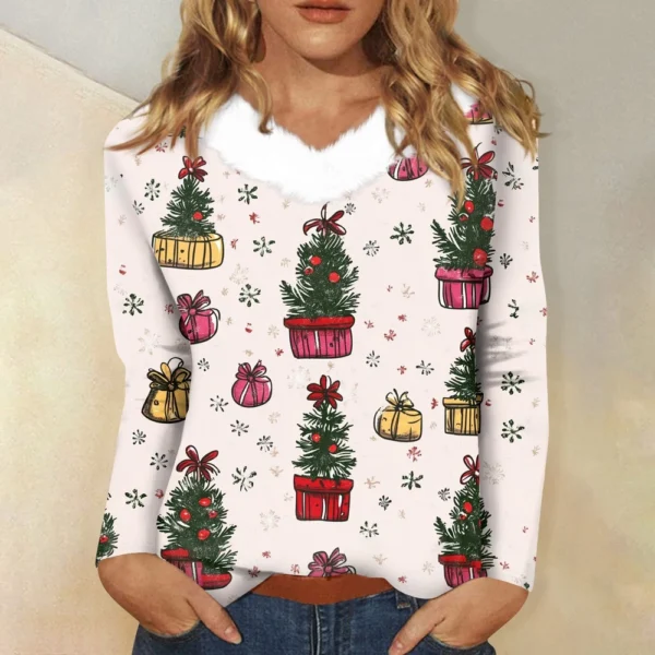 Women's Party Long Sleeve Shirt T Shirt V Neck Christmas Fleece Collar Top - Image 28