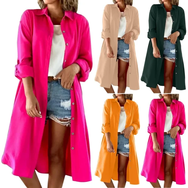 Women's Fashion Solid Color Loose Casual Comfort Lapel Long Button Coat