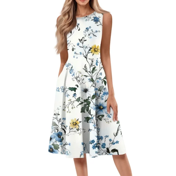 Women's Casual Fashion Floral Print Round Neck Sleeveless Solid Color Midi Dress - Image 32