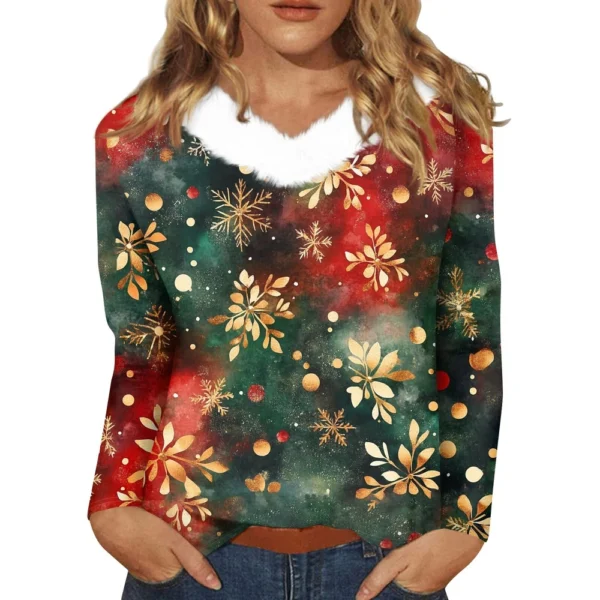 Women's Party Long Sleeve Shirt T Shirt V Neck Christmas Fleece Collar Top - Image 4