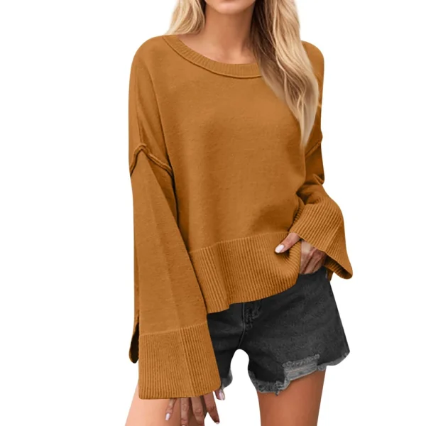 Women's Solid Color Round Neck Bell Sleeve Pullover Knitwear Fashion Short - Image 7