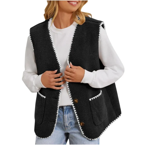 Women's Fuzzy Fleece Vest Sleeveless Colorblock Jacket Button Down Outerwear - Image 4