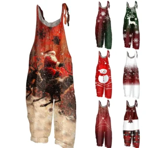 Women's Shoulder Strap Vintage Casual Print Christmas Jumpsuit Loose