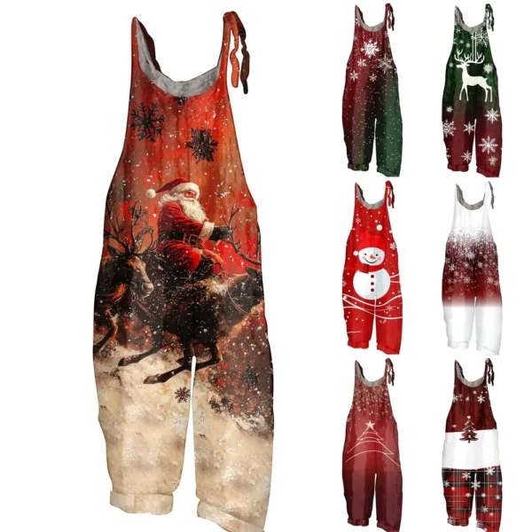 Women's Shoulder Strap Vintage Casual Print Christmas Jumpsuit Loose