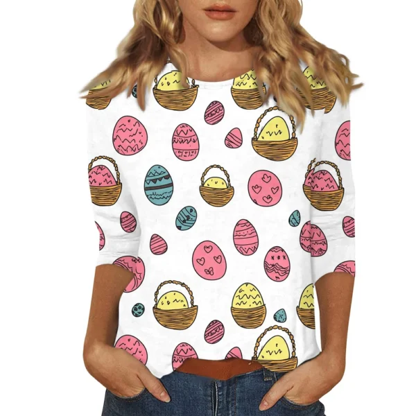 Women's Printed Easter Basic Tops Casual 3/4 Sleeve Fashion Plus Size Pullover - Image 32