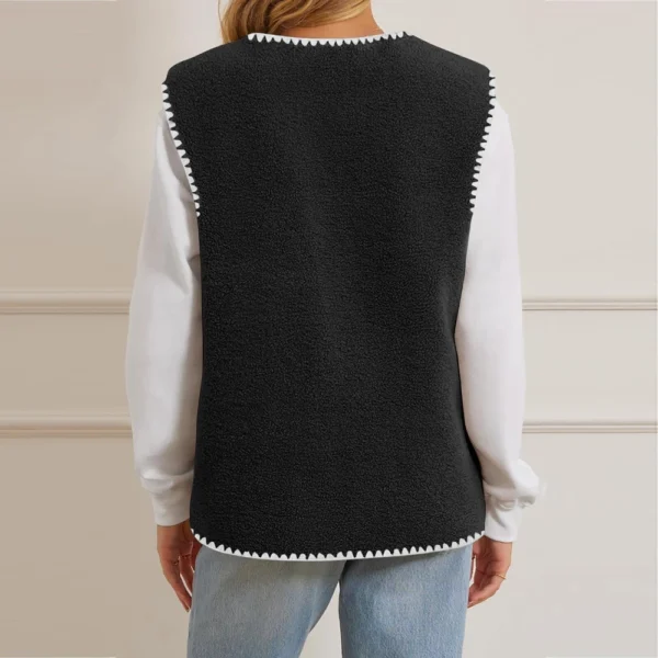 Women's Fuzzy Fleece Vest Sleeveless Colorblock Jacket Button Down Outerwear - Image 11