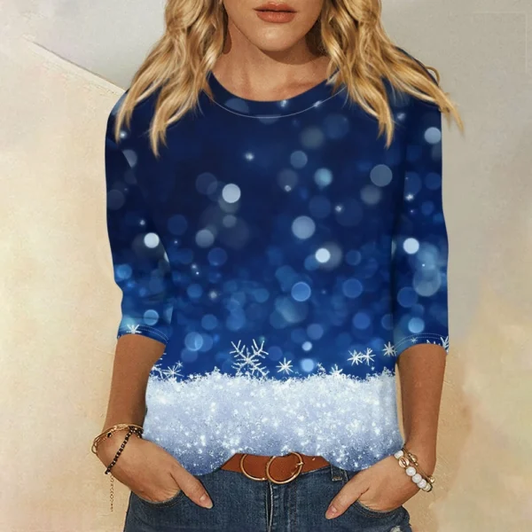 Ladies Loose Printed Casual T-Shirt Round Neck 3/4 Sleeve Christmas Women's Top - Image 31