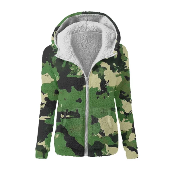 Women's Winter Camouflage Print Casual Fashion Plush Hooded Zipper Sweater - Image 14