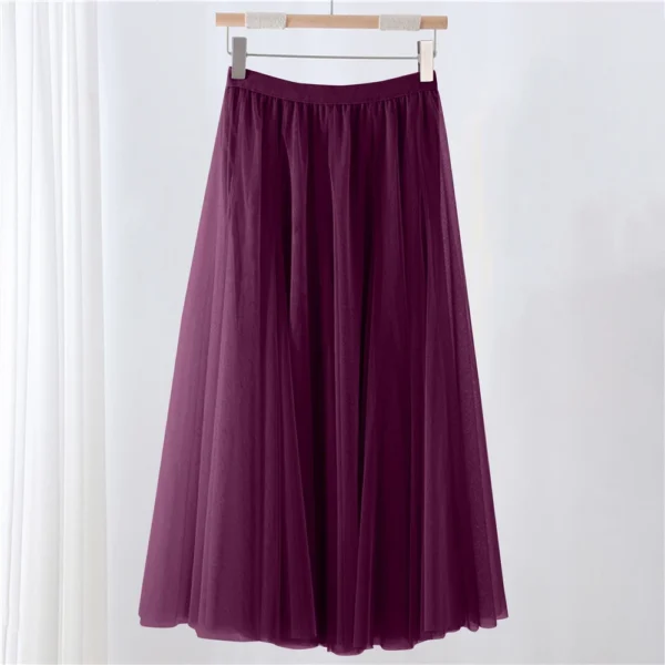 Women's Solid Color Mesh Skirt With Elastic Band Large Swing Mid Length Skirt - Image 22