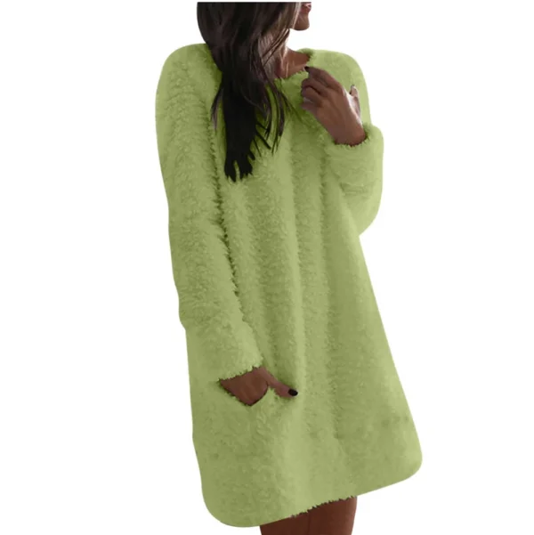 Women's Fuzzy Fleece Solid Color Dress Loose Fit Casual Round Neck Long Sleeve - Image 23