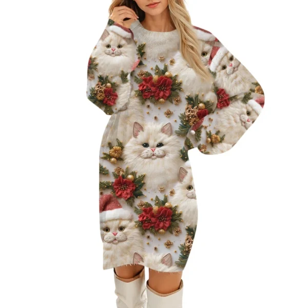 Women's Round Neck Casual Long Sleeve Plush Christmas Printed Dresses - Image 8