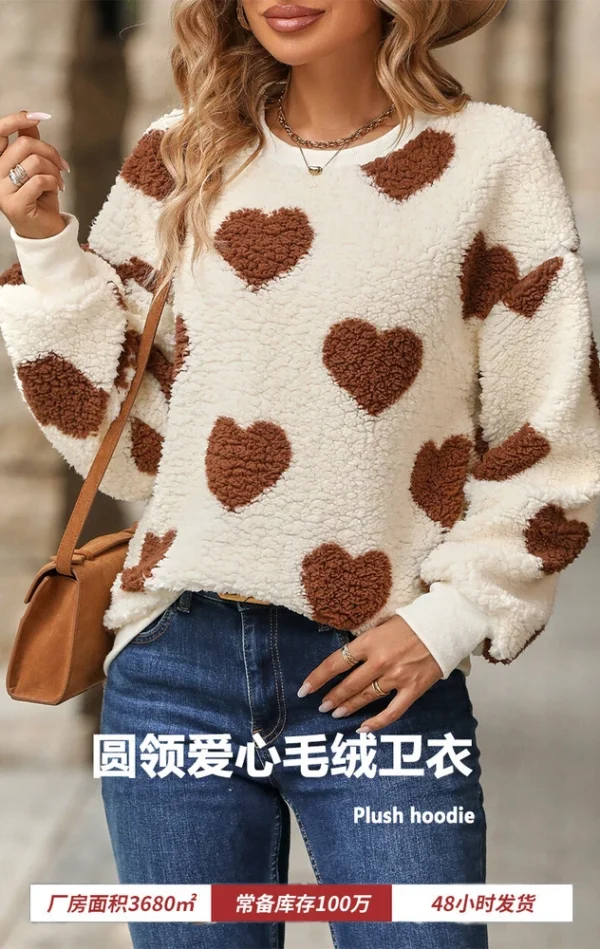 Plush love print long-sleeved crew-neck hoodie - Image 9
