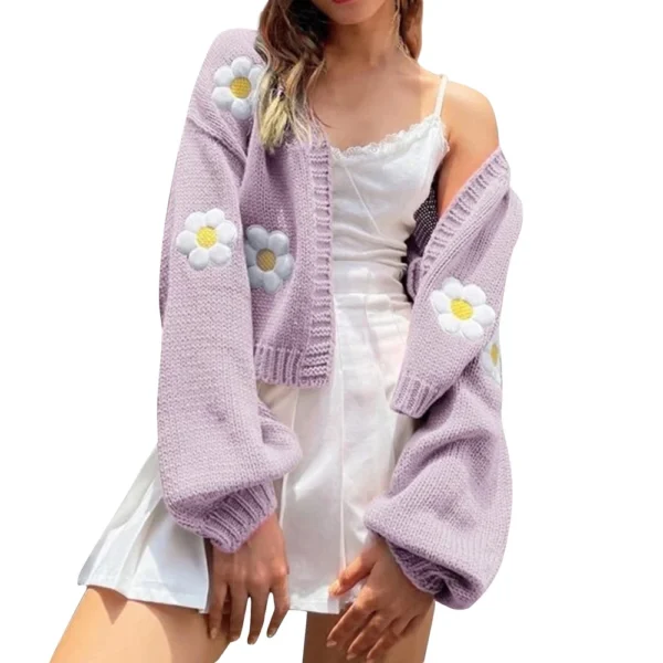 Women's Floral Sweater Loose Short Knit Cardigan - Image 3