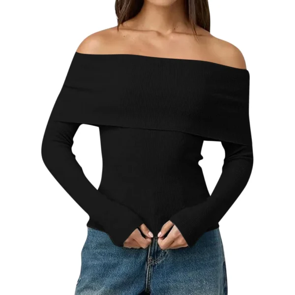 Womens Off The Shoulder Sweaters Long Sleeve Slouchy Knitted - Image 13