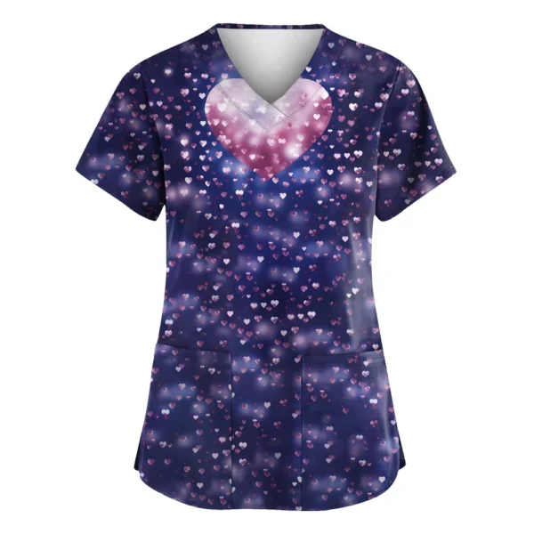 Women's Valentine's Day Printed  Uniform Work Uniform V-Neck Pocket Protective - Image 29