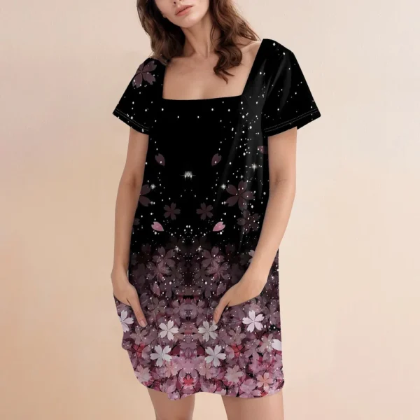 Women's Square Collar Short Sleeve Fashion Skirt Floral Print Pocket Casual - Image 15
