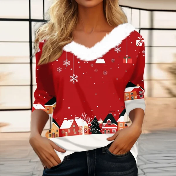 Women's Party Fleece Collar Shirt T Shirt Christmas Long Sleeve V Neck Top - Image 34