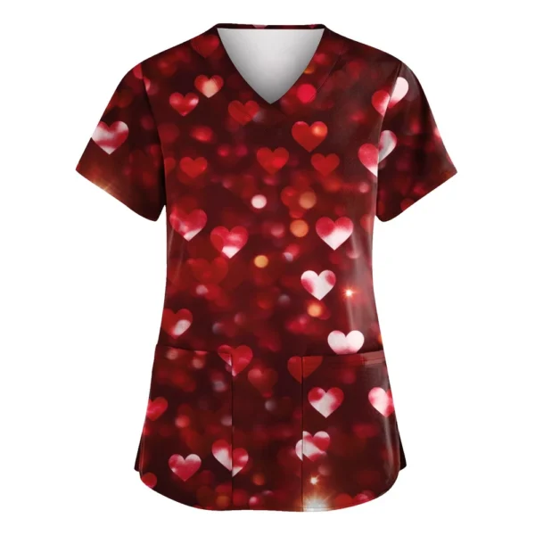 Women's Valentine's Day Printed  Uniform Work Uniform V-Neck Pocket Protective - Image 31
