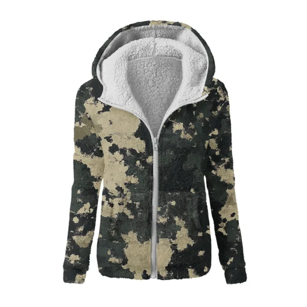 Women's Winter Camouflage Print Casual Fashion Plush Hooded Zipper Sweater - Image 7