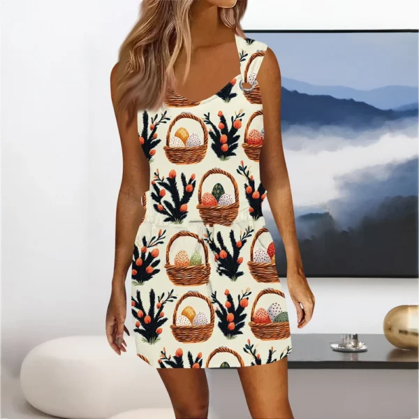 Women's Fashion Casual Easter Printed Sleeveless Drawstring Dress With Pockets - Image 22
