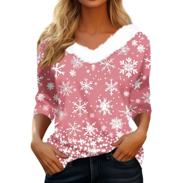 Women's V Neck Christmas Party Top Fleece Collar Shirt Long Sleeve T Shirt - Image 23