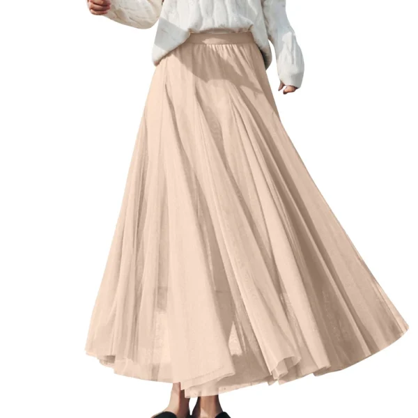 Women's Solid Color Mesh Skirt With Elastic Band Large Swing Mid Length Skirt - Image 14