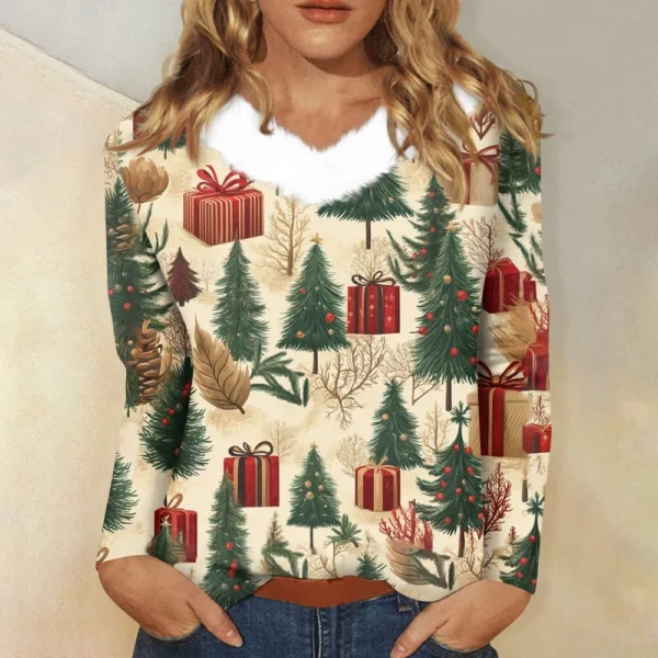 Women's Loose Casual Long Sleeved Christmas Printed Plush Collar V Neck Top, - Image 16