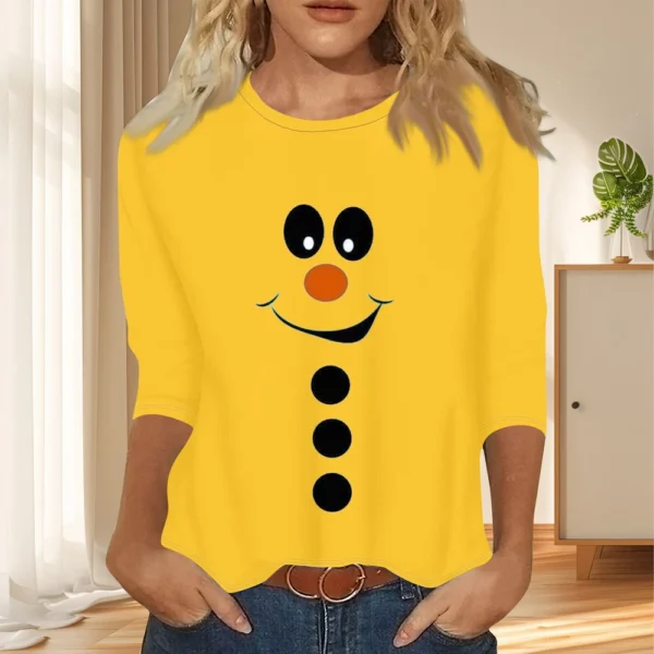 Women's Christmas Casual Round Neck T-Shirt Printed 3/4 Sleeve Loose Ladies Top - Image 36