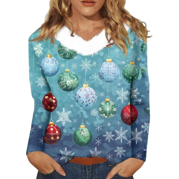 Women's Loose Casual Long Sleeved Christmas Printed Plush Collar V Neck Top, - Image 6