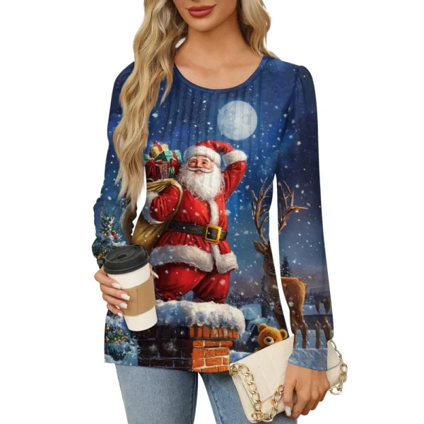 Women's Printed Christmas Top Round Neck Casual Pleated Long Sleeved T-Shirt - Image 37
