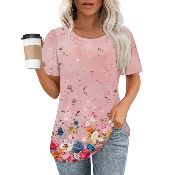 Women's Round Neck Casual Fashion Printed Daily Short Sleeved Loose T-Shirt - Image 25