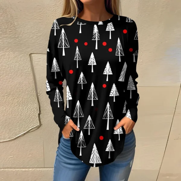 Women's Print Round Neck Christmas Loose T-Shirt Pullover Long Sleeve Top - Image 13